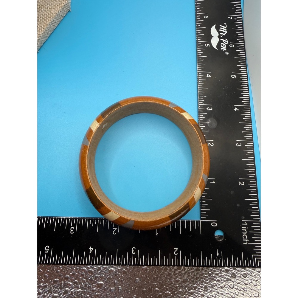 Vintage Wooden Bangle Bracelet Striped Geometric Boho Earth Tones Brown Gray - Picture 5 of 5